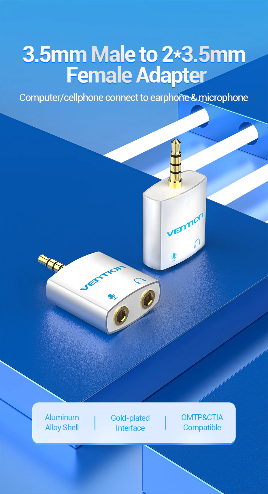 Vention BDBWO Audio Splitter 3.5mm male to 2x3.5mm Female Separate Audio and Mic Audio Adapter view 2